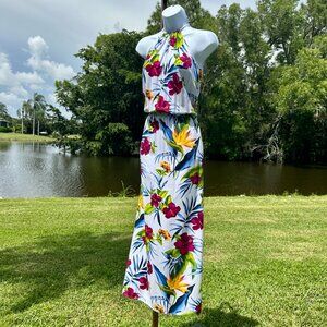 TOMMY BAHAMA Happy Hibiscus High Keyhole Neck Elastic-Waist Maxi Dress Pockets